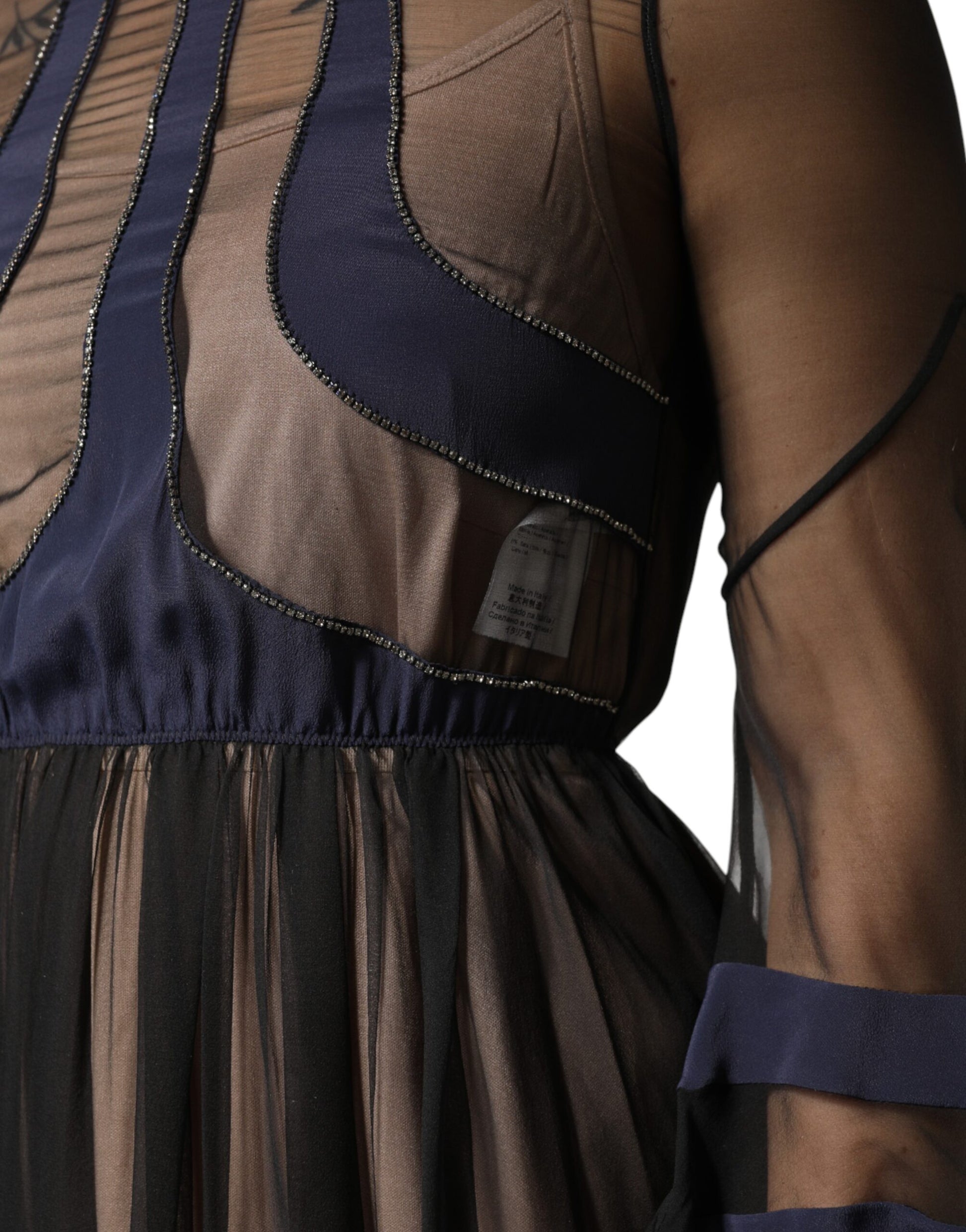 Blue Long Sleeves Sheer Silk Sheath A-line Midi Dress