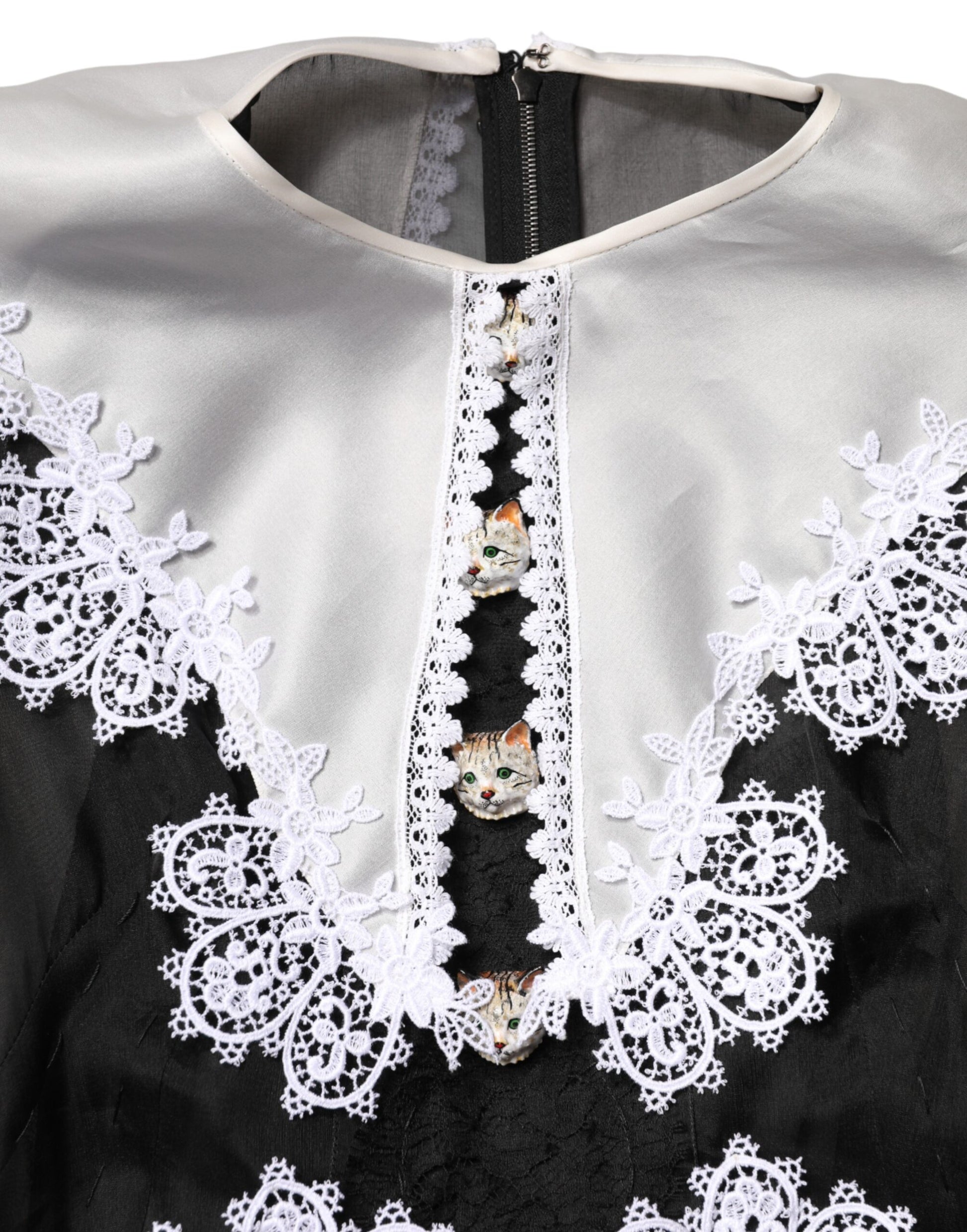 Black White Silk Macrame Lace Midi Dress