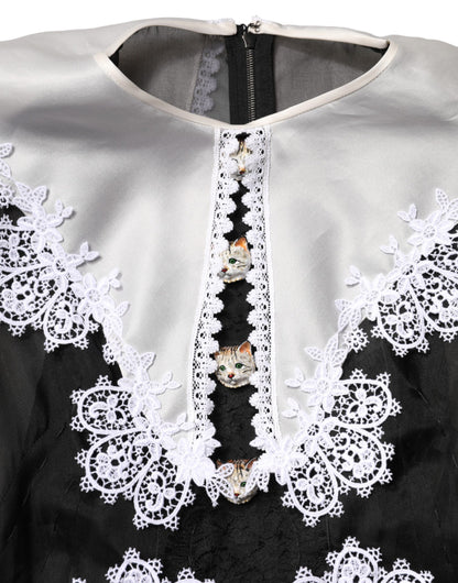 Black White Silk Macrame Lace Midi Dress