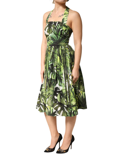 Green Leaves Print Cotton Halter Midi Dress