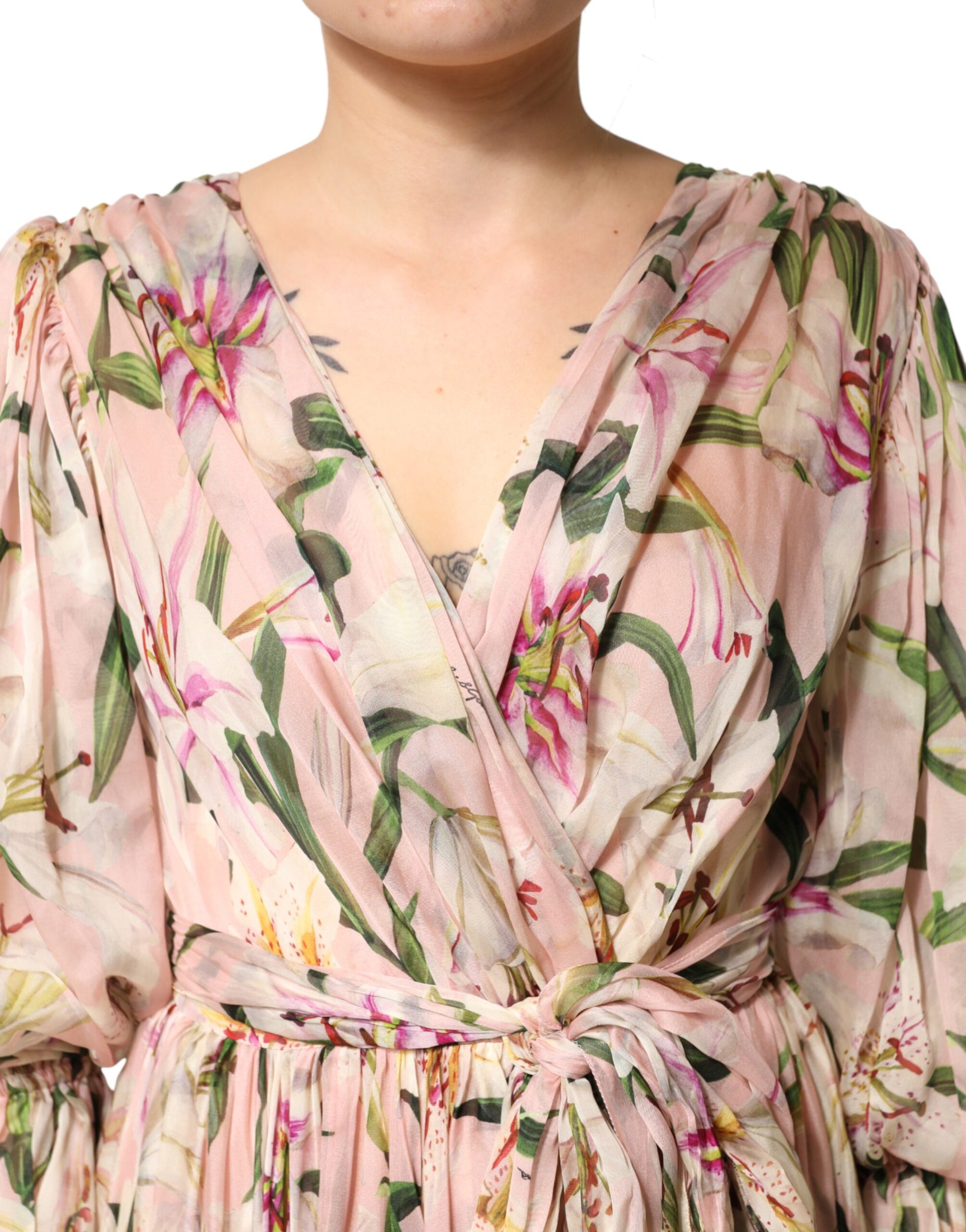 Pink Lily Print A-line Pleated Maxi Dress