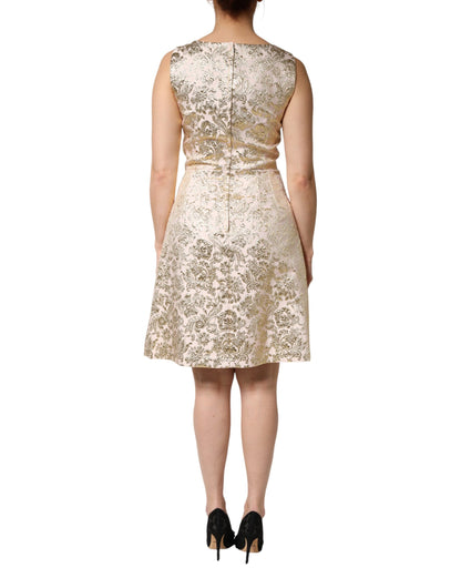 Beige Gold Floral Brocade Sleeveless Dress