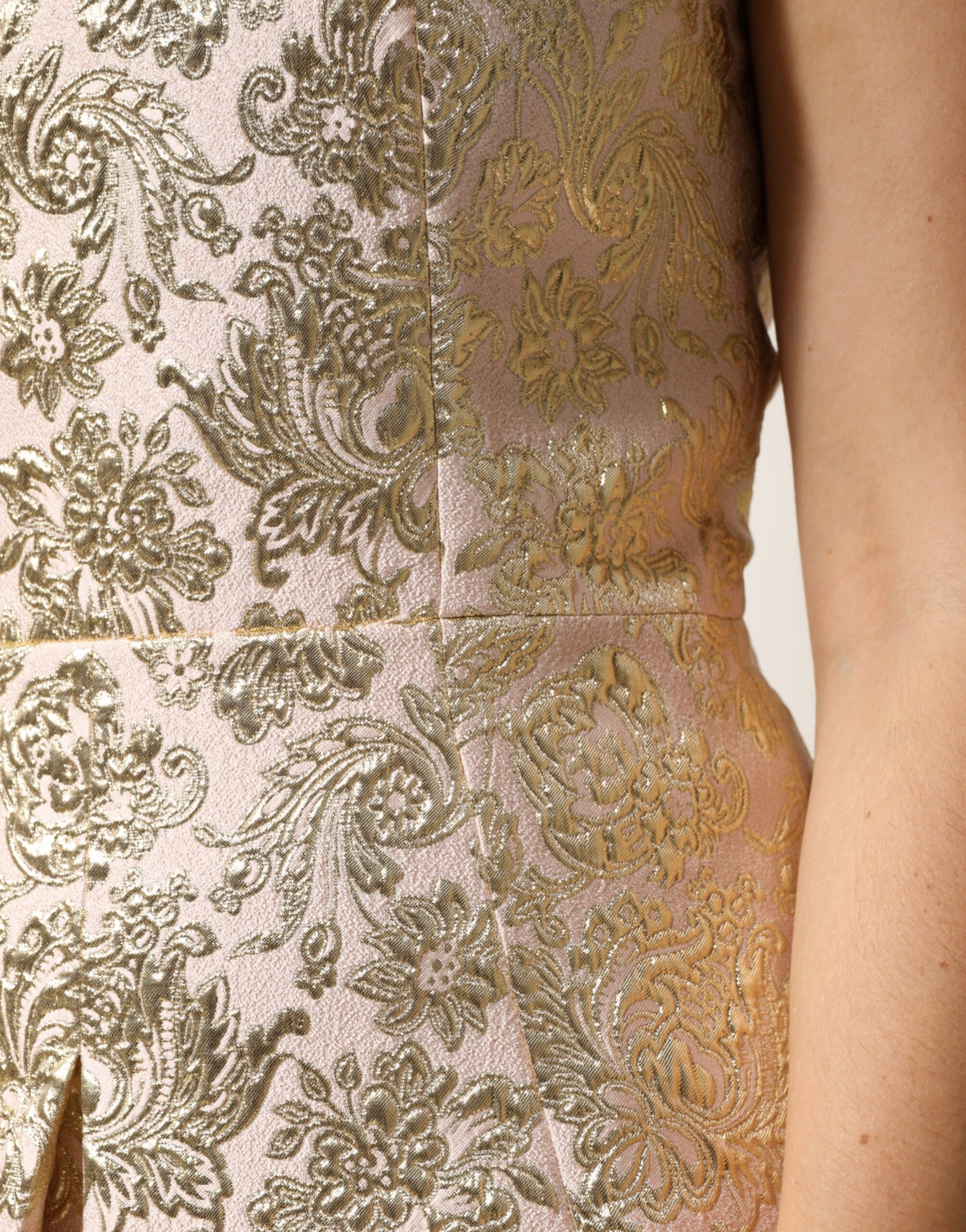 Beige Gold Floral Brocade Sleeveless Dress