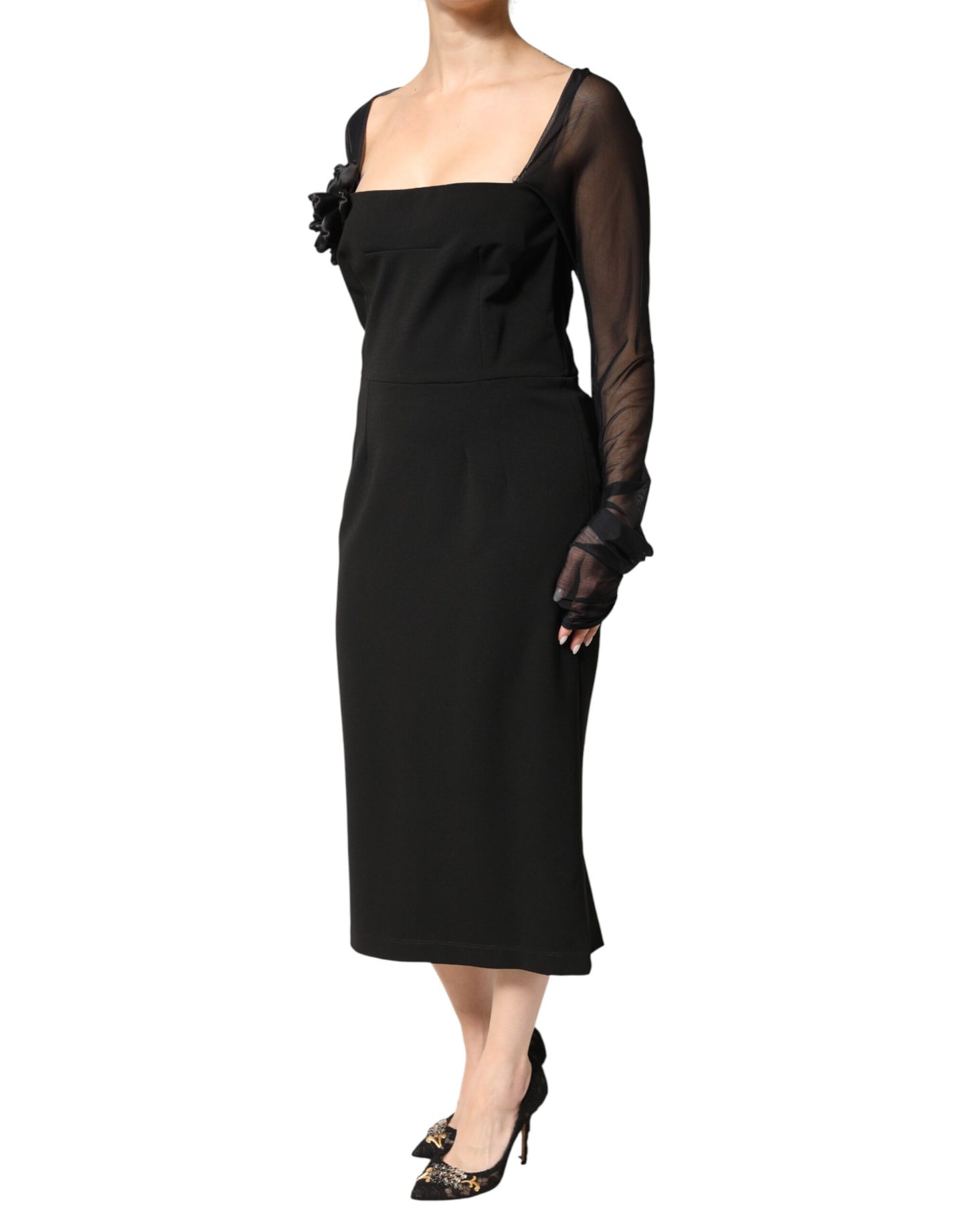 Black Sheer Yoke Rosette Sheath Midi Dress