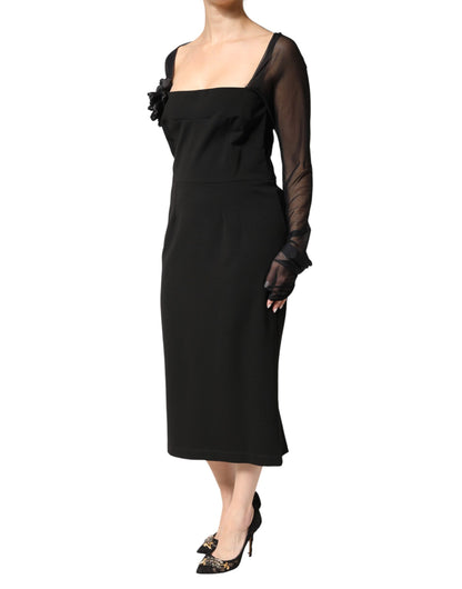 Black Sheer Yoke Rosette Sheath Midi Dress