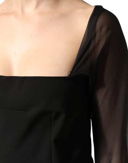 Black Sheer Yoke Rosette Sheath Midi Dress