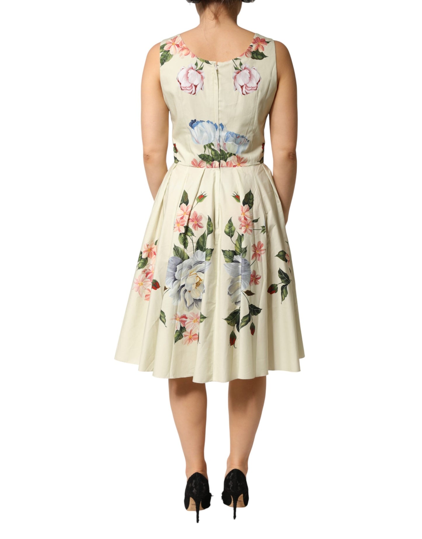 Beige Floral Sleeveless A-line Dress