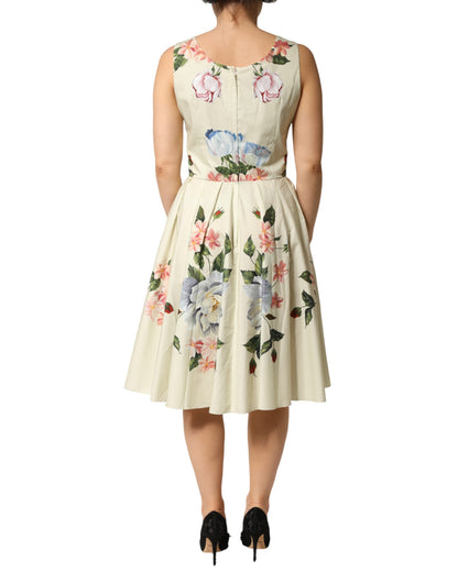 Beige Floral Sleeveless A-line Dress