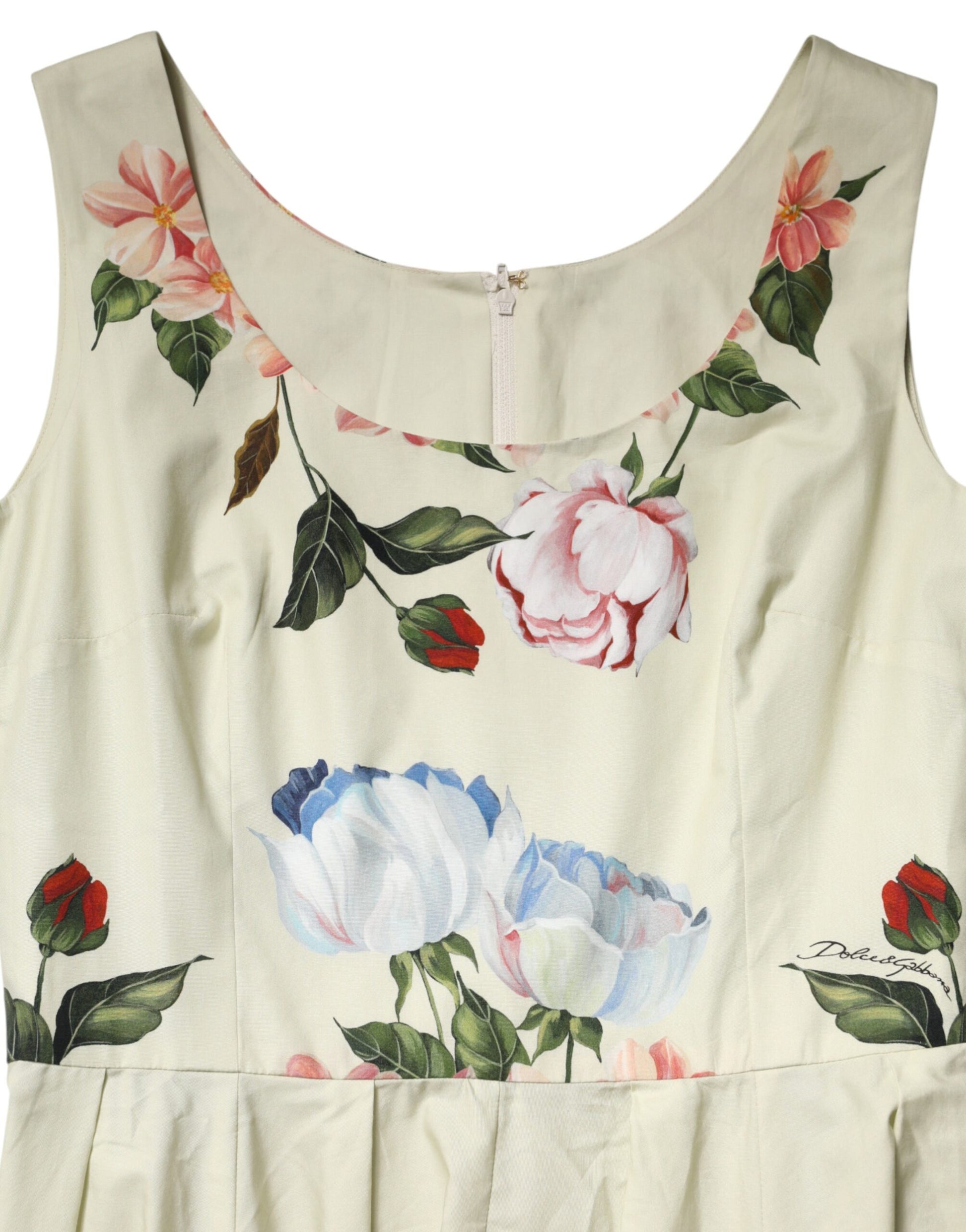 Beige Floral Sleeveless A-line Dress