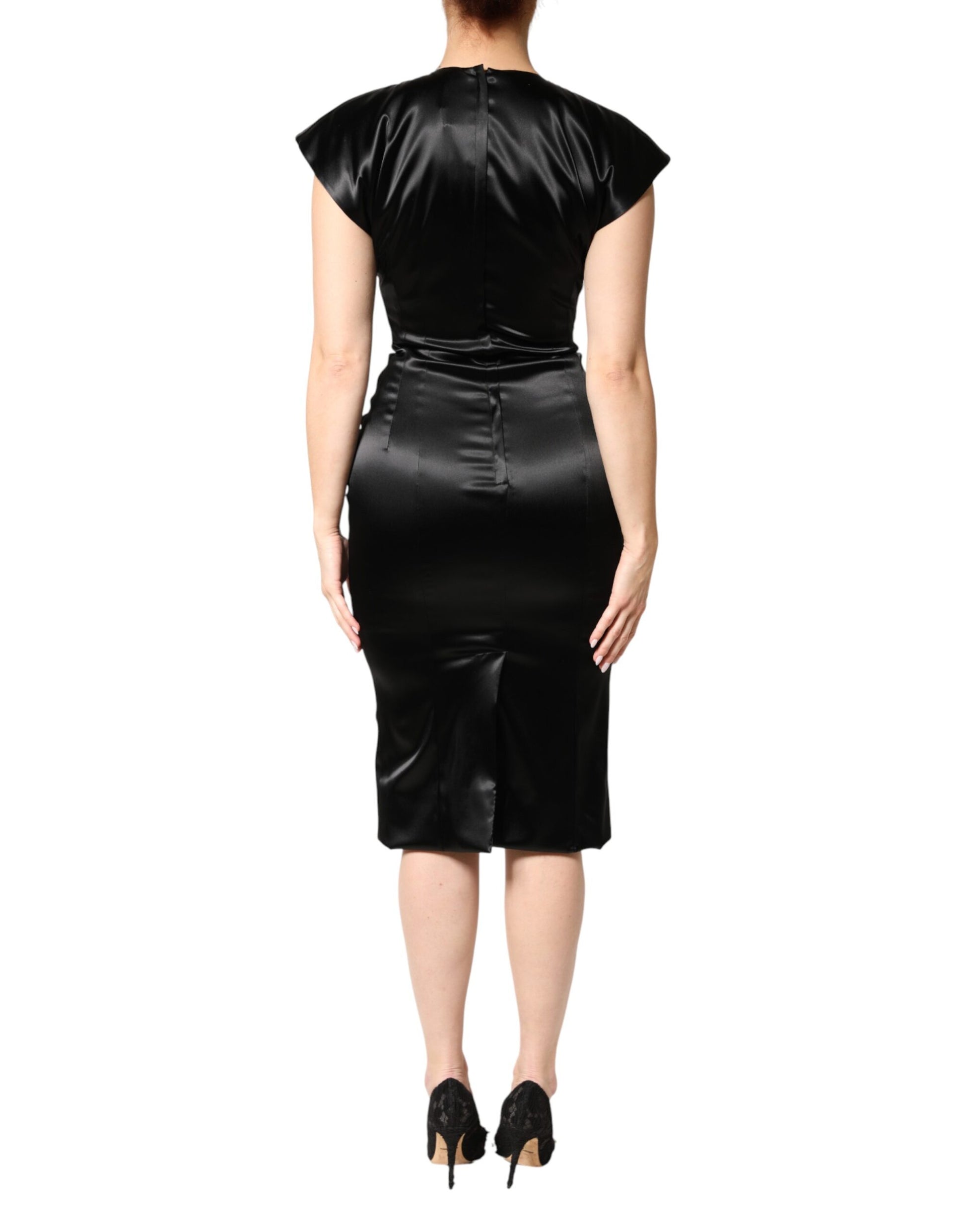 Black Satin Sheath Midi Cap Sleeves Dress
