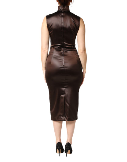 Brown Satin Sheath Midi SleeveLess Dress