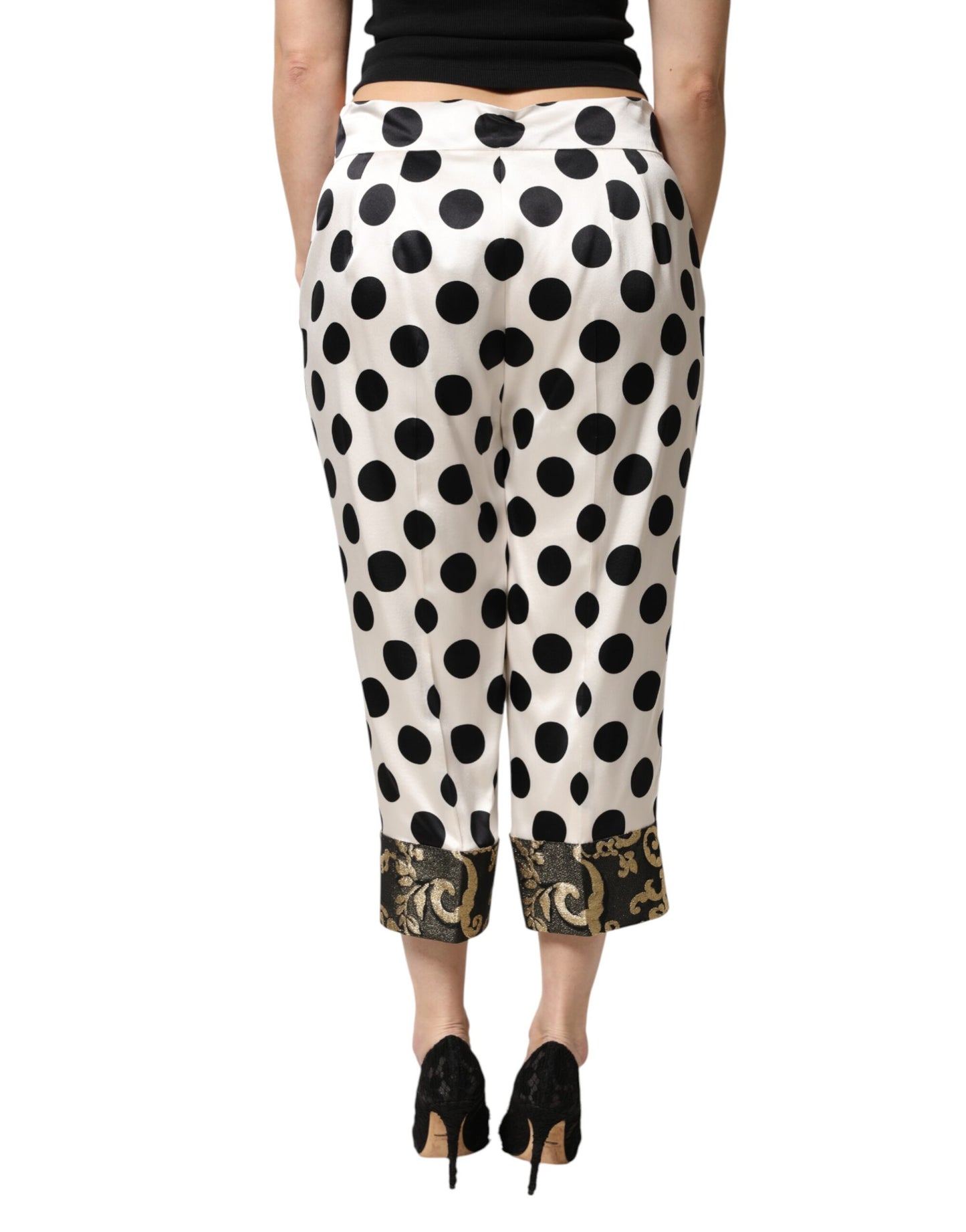 White Black Polka Dot Silk Mid Waist Cropped Pants