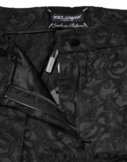 Black Floral Brocade High Waisted Trouser Pants