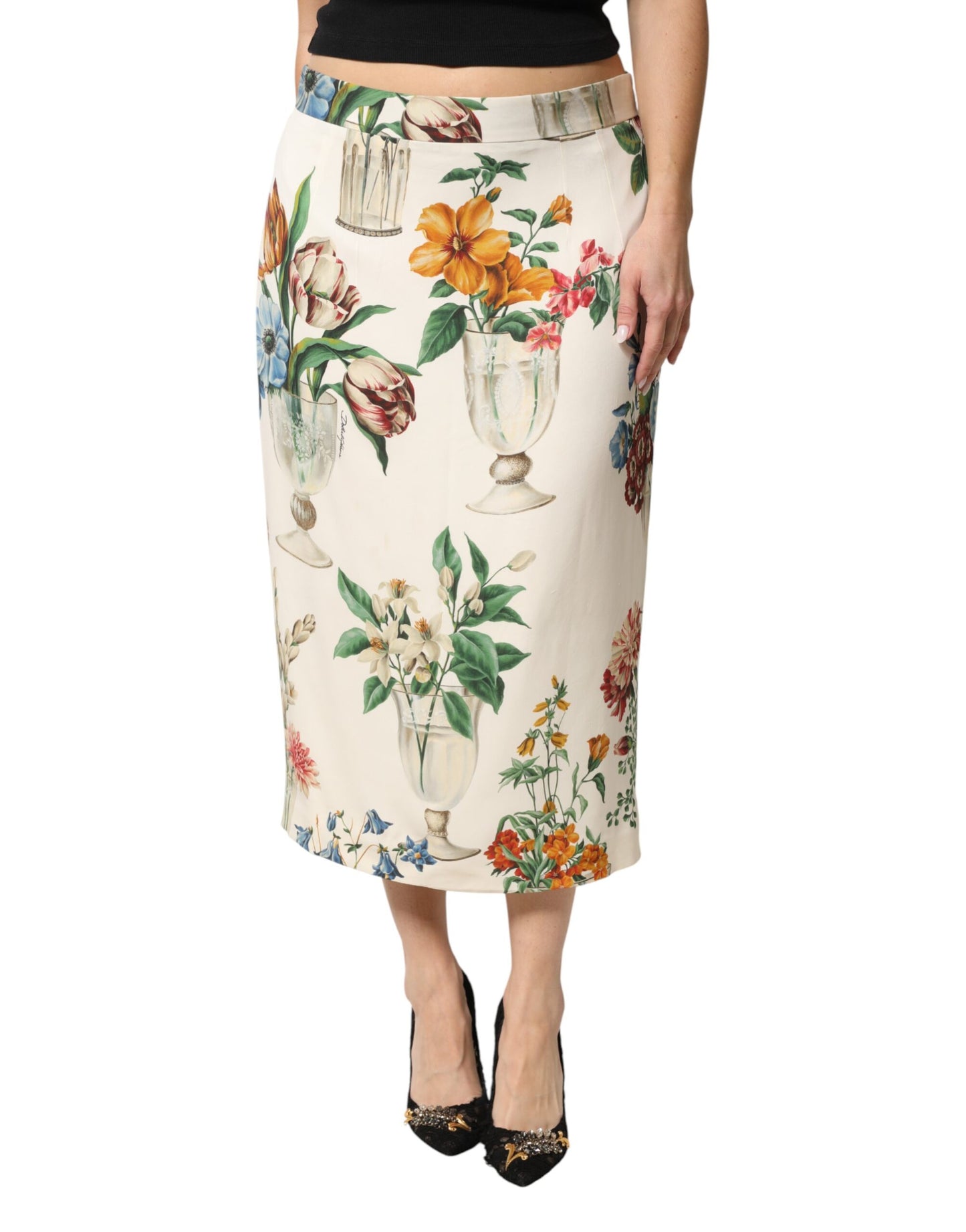 White Floral MidWaist Pencil Cut Midi Skirt