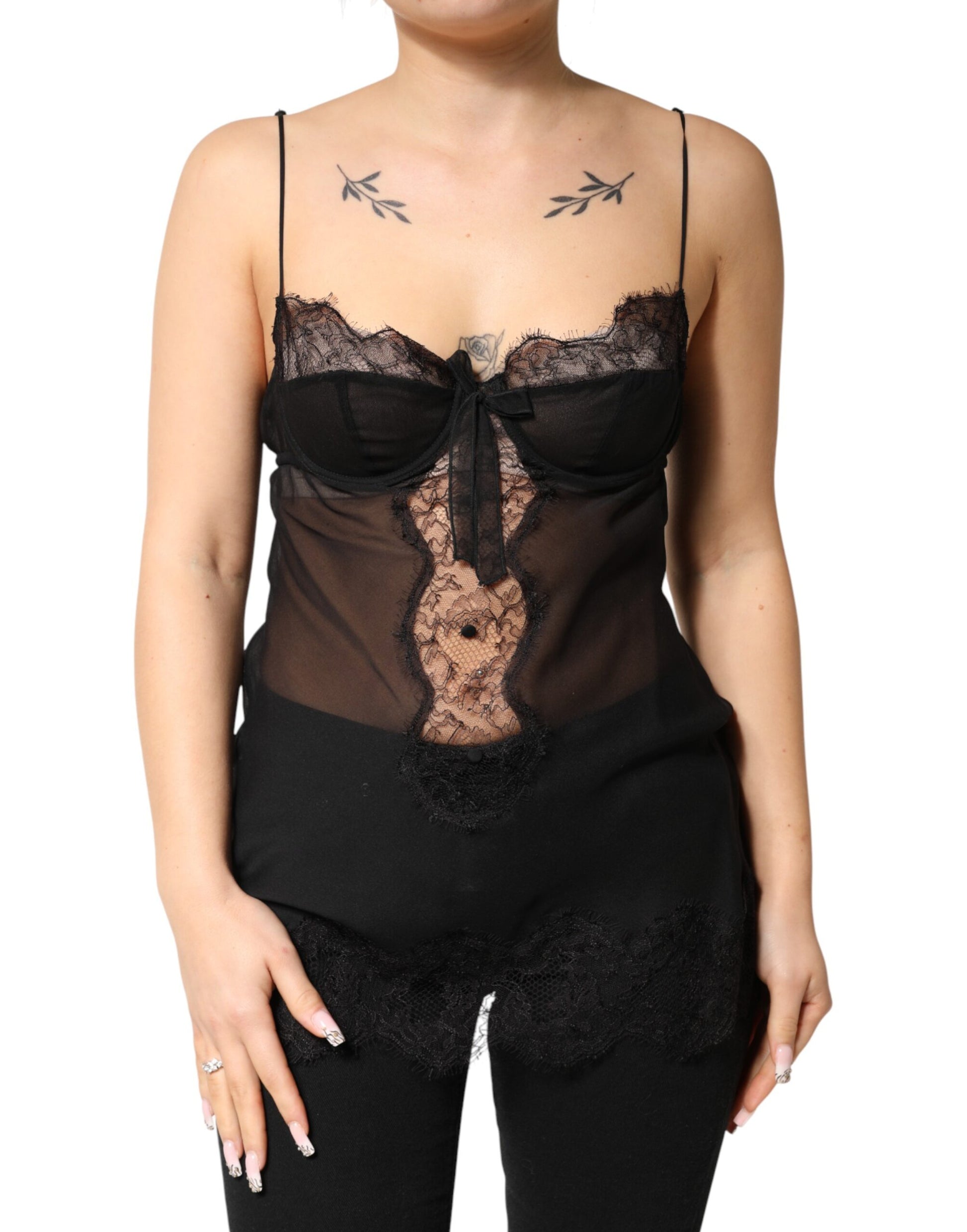 Black Silk Floral Lace Chemise Lingerie Top