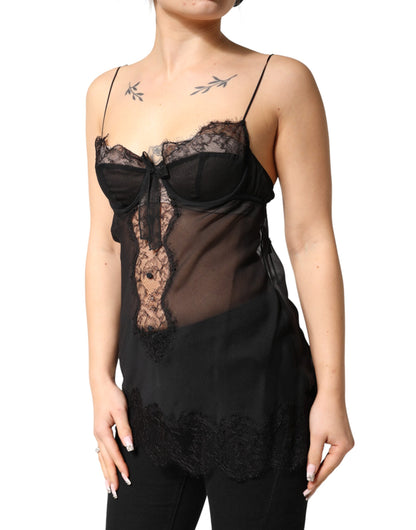 Black Silk Floral Lace Chemise Lingerie Top