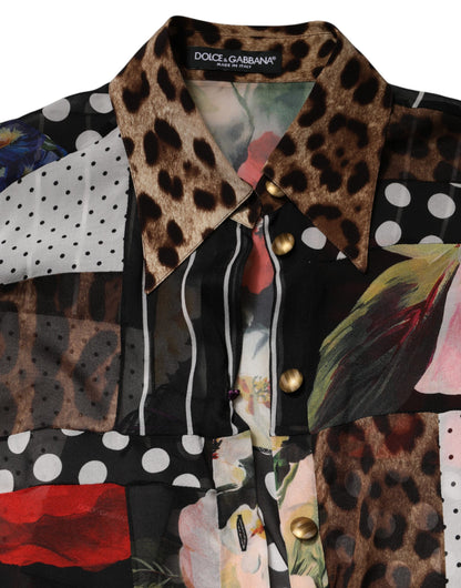 Multicolor Patchwork Silk CollaredBlouse Top