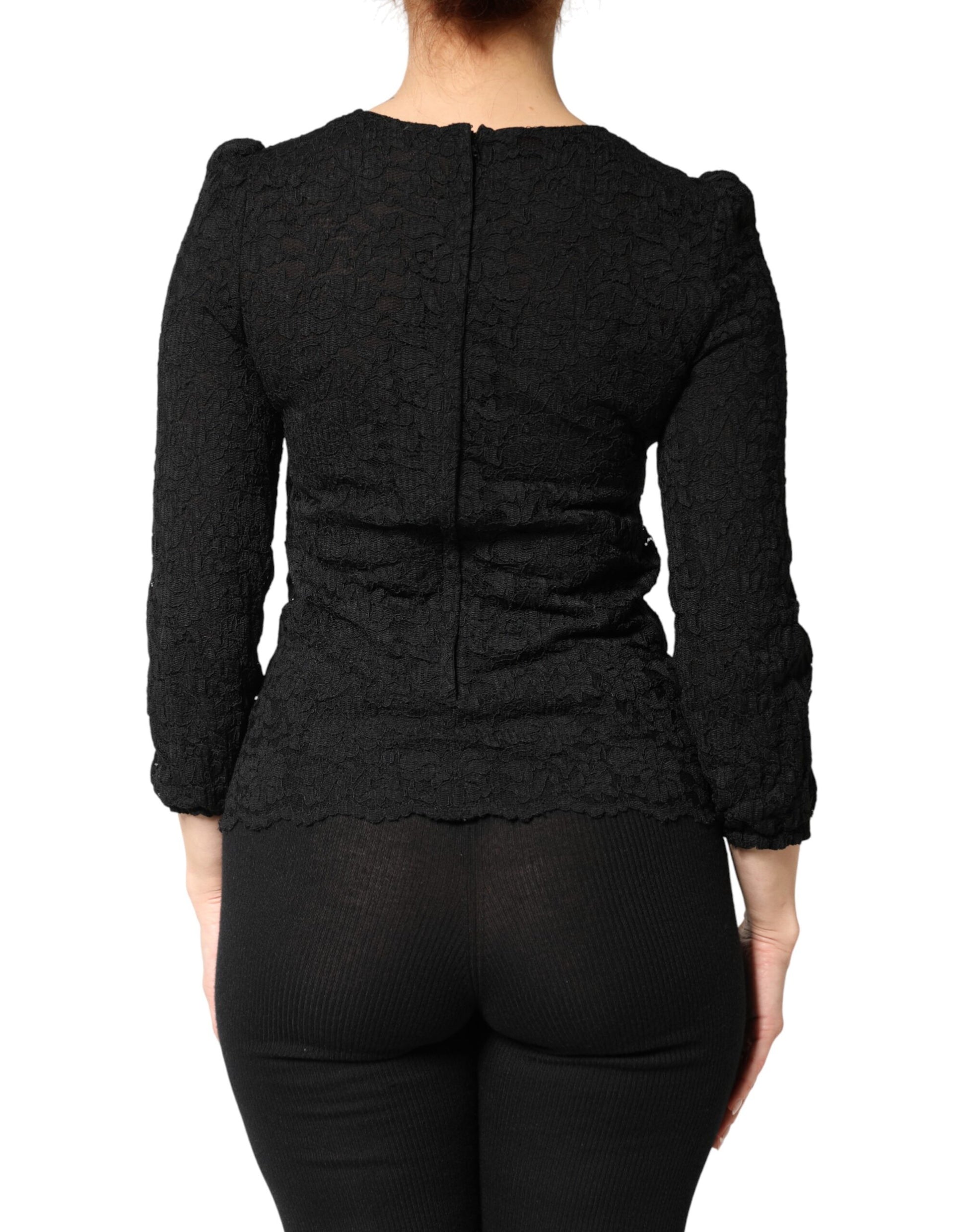 Black Floral Lace Silk Round Neck Blouse Top