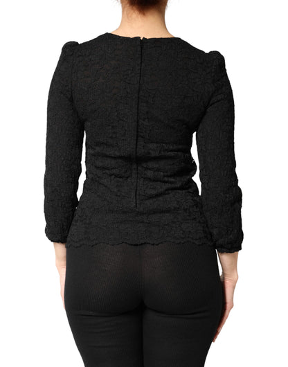 Black Floral Lace Silk Round Neck Blouse Top