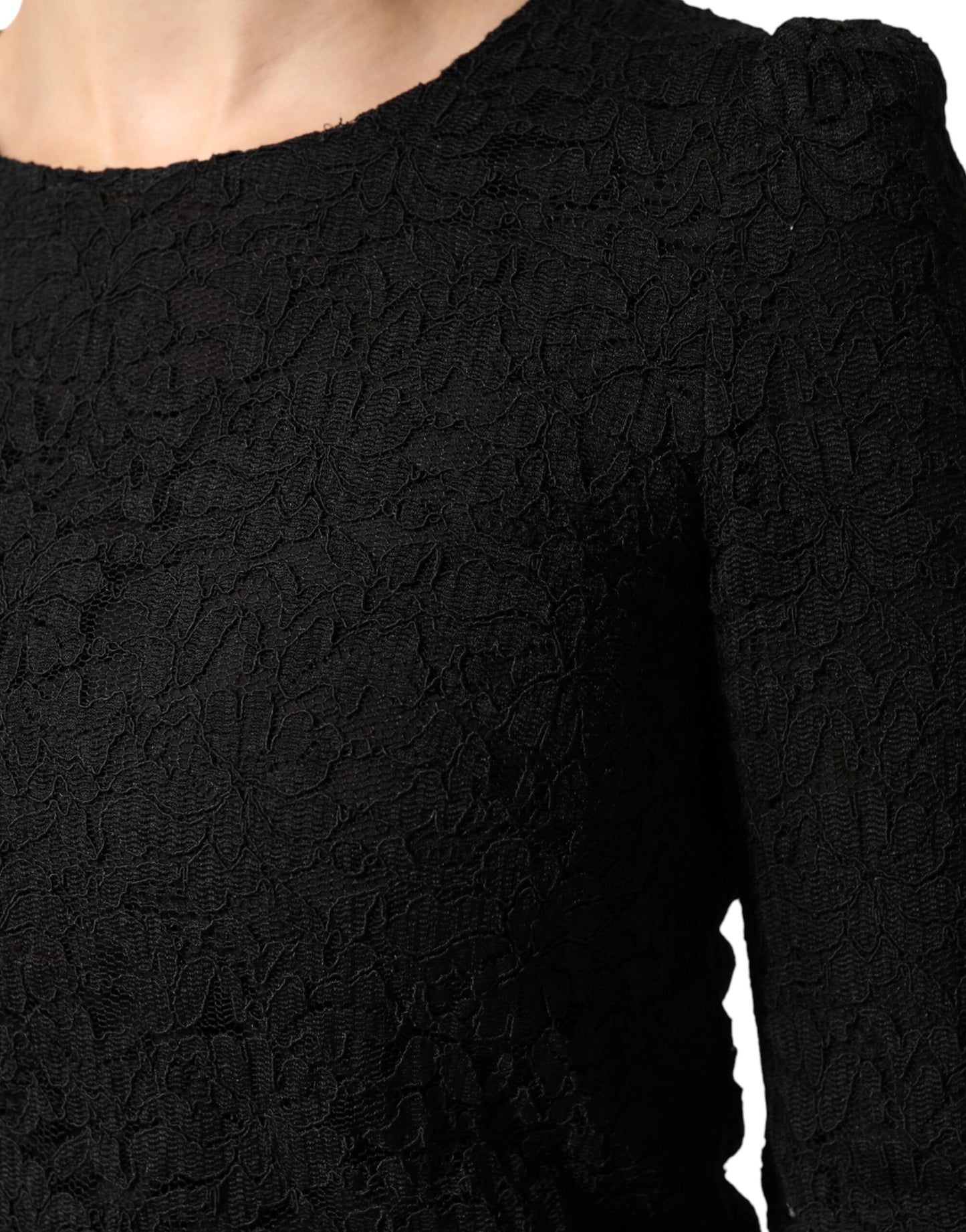 Black Floral Lace Silk Round Neck Blouse Top