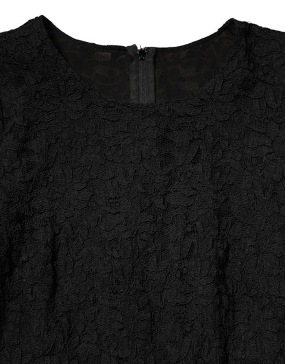 Black Floral Lace Silk Round Neck Blouse Top