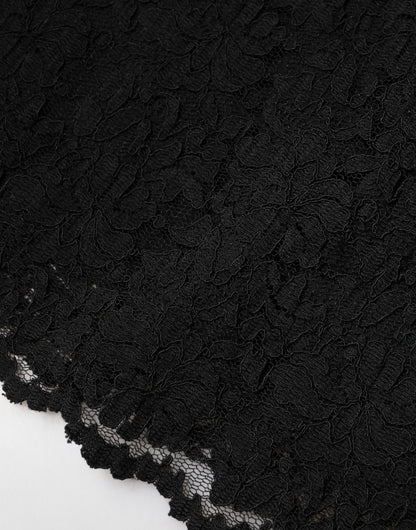 Black Floral Lace Silk Round Neck Blouse Top