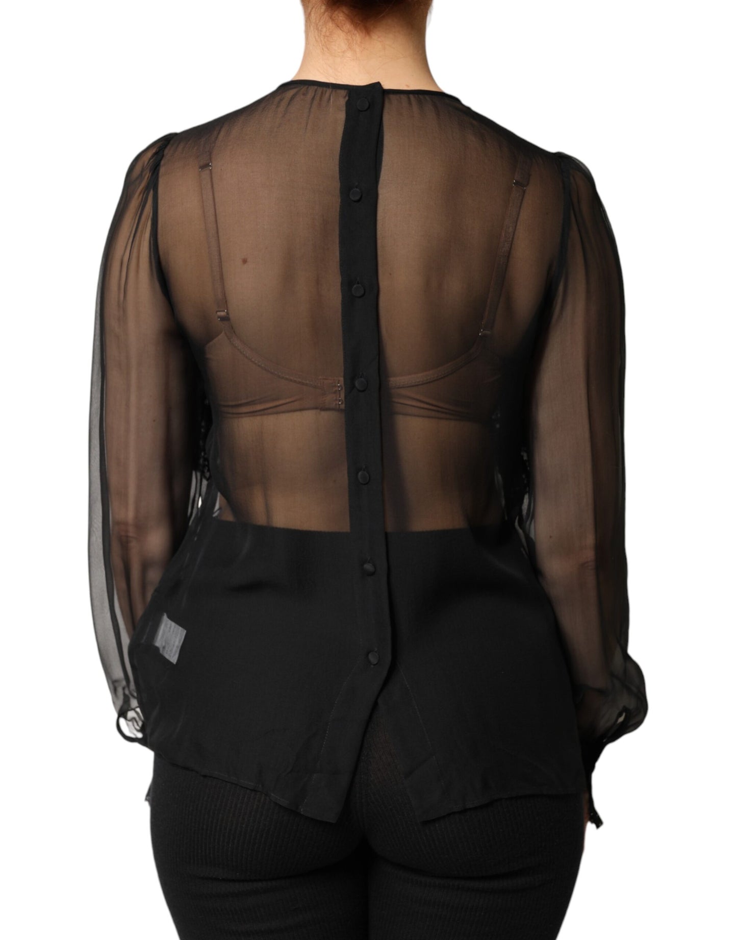 Black Silk Sheer Ruffle Tie-Neck Blouse Top