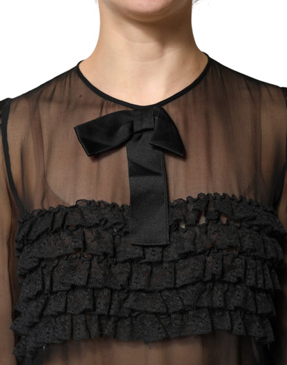 Black Silk Sheer Ruffle Tie-Neck Blouse Top