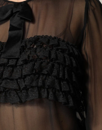 Black Silk Sheer Ruffle Tie-Neck Blouse Top