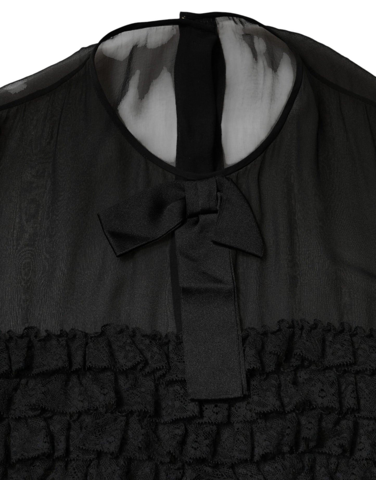 Black Silk Sheer Ruffle Tie-Neck Blouse Top