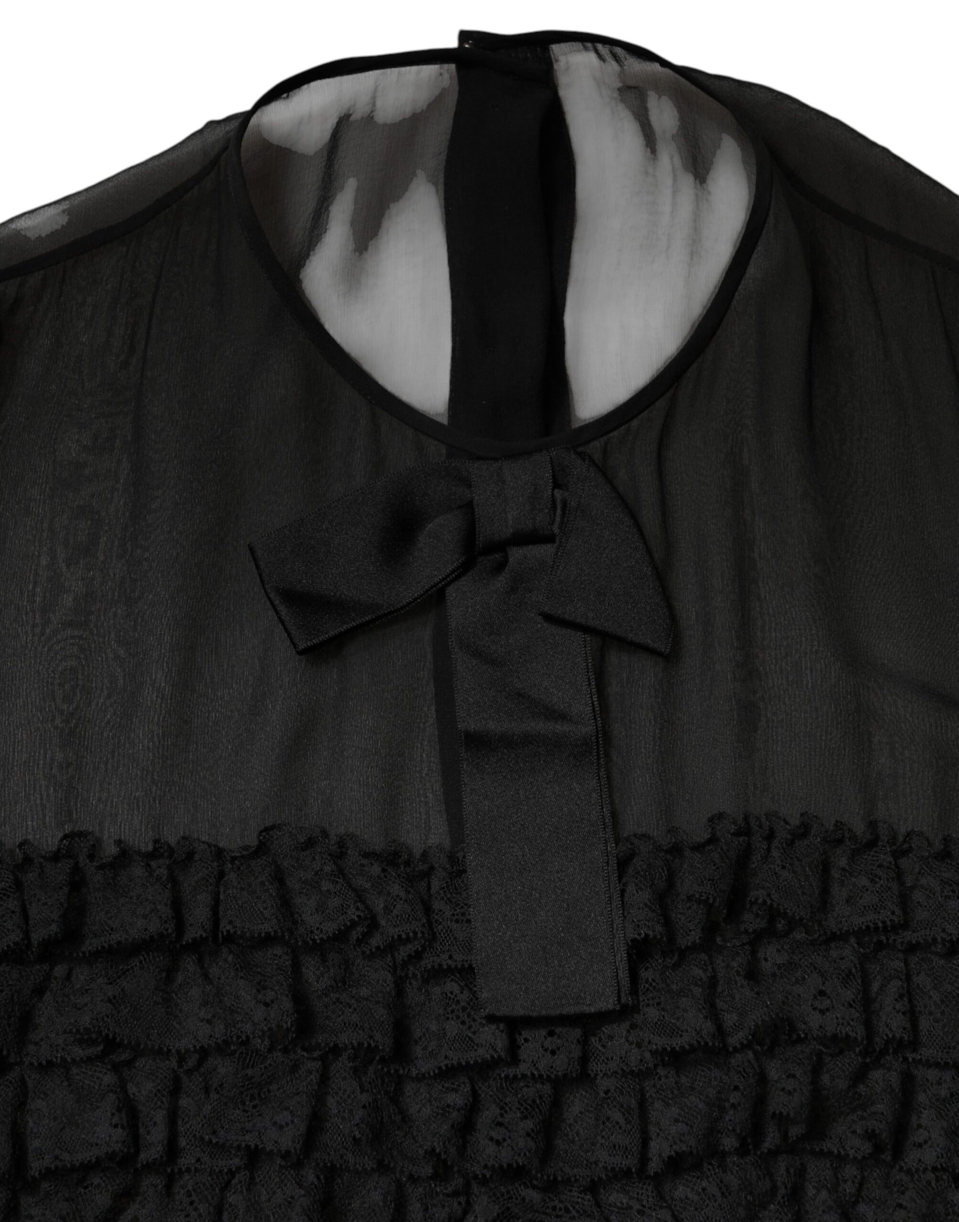 Black Silk Sheer Ruffle Tie-Neck Blouse Top