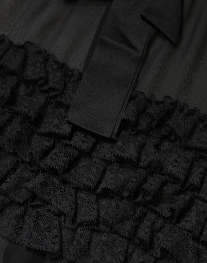 Black Silk Sheer Ruffle Tie-Neck Blouse Top