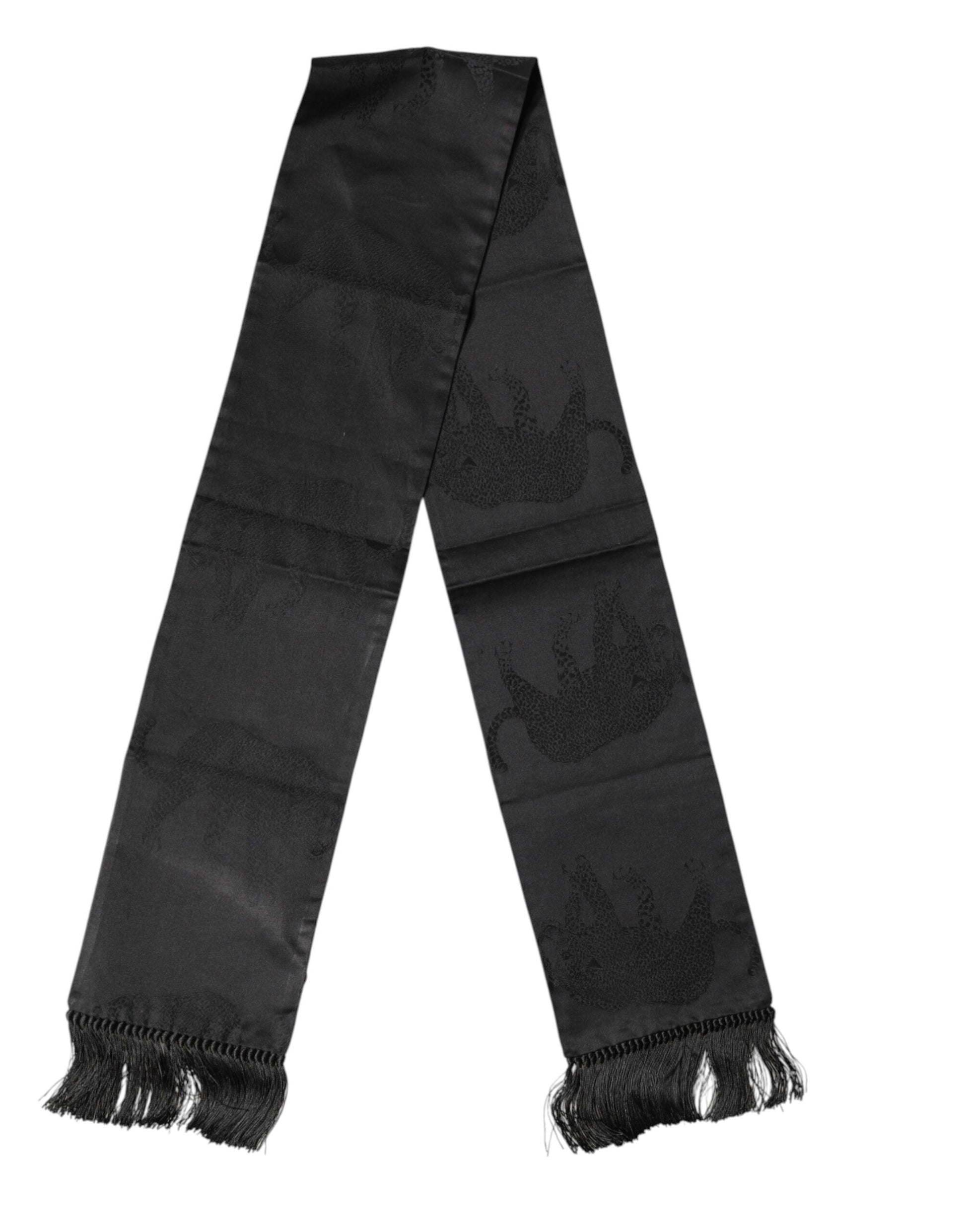 Black Satin Silk Fringes Neck Foulard Scarf