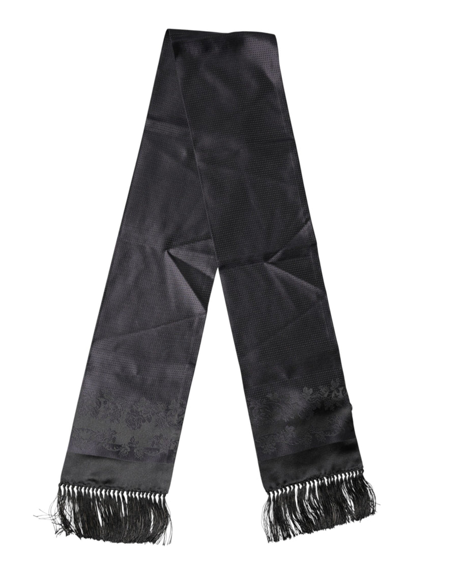 Black Satin Silk Fringes Neck Foulard Scarf