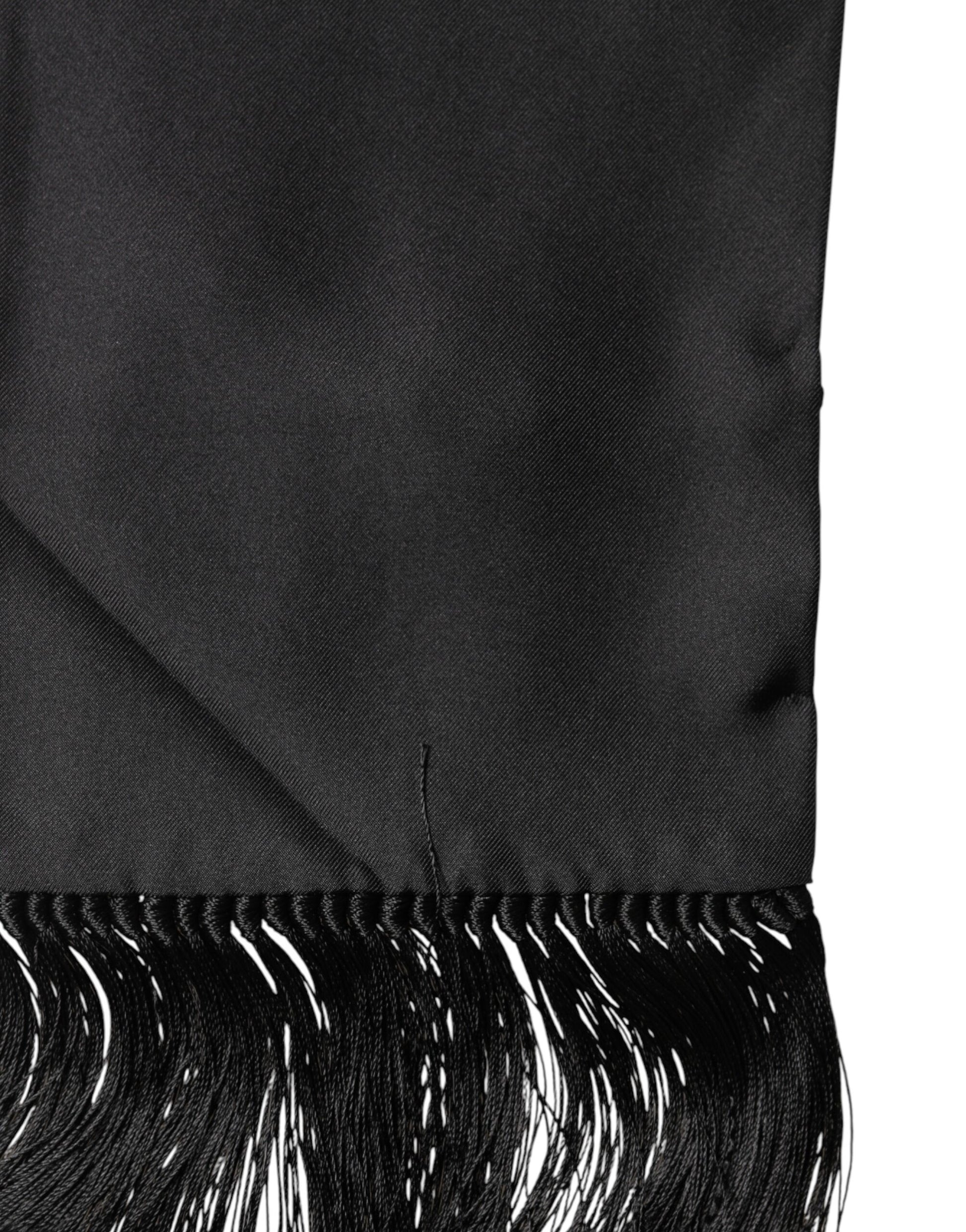 Black Satin Silk Fringes Neck Foulard 143.5cm x15cm Scarf