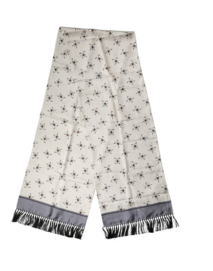 White Printed Fringes Wrap Foulard Men 183cm x 33cm Scarf