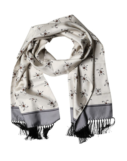 White Printed Fringes Wrap Foulard Men 183cm x 33cm Scarf