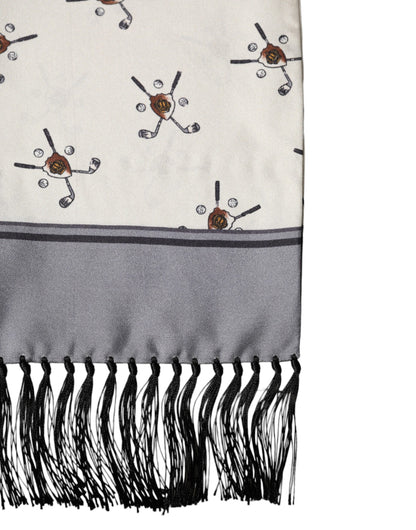 White Printed Fringes Wrap Foulard Men 183cm x 33cm Scarf