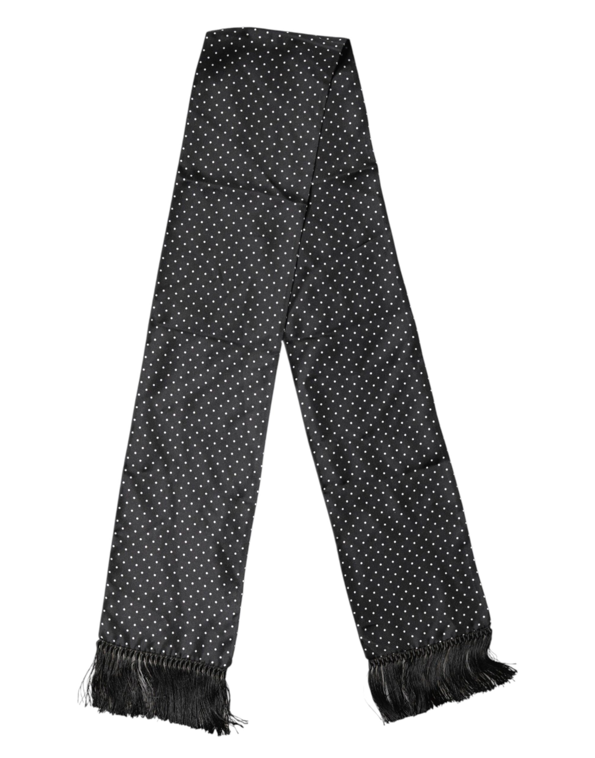 Black Polka Dot Fringes Silk Foulard 139cm x 14.5cm Scarf