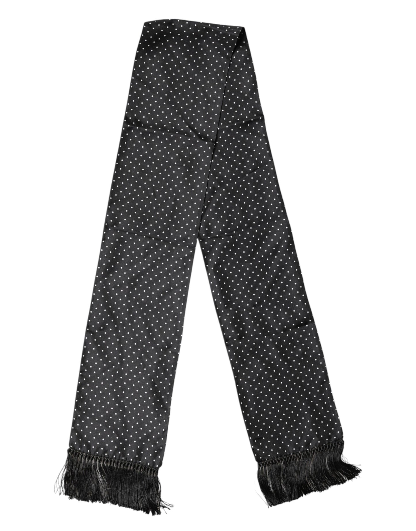 Black Polka Dot Fringes Silk Foulard 139cm x 14.5cm Scarf