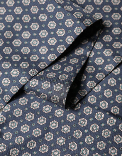 Blue Patterned Silk Fringes Foulard 138cm x 15.5cm Scarf