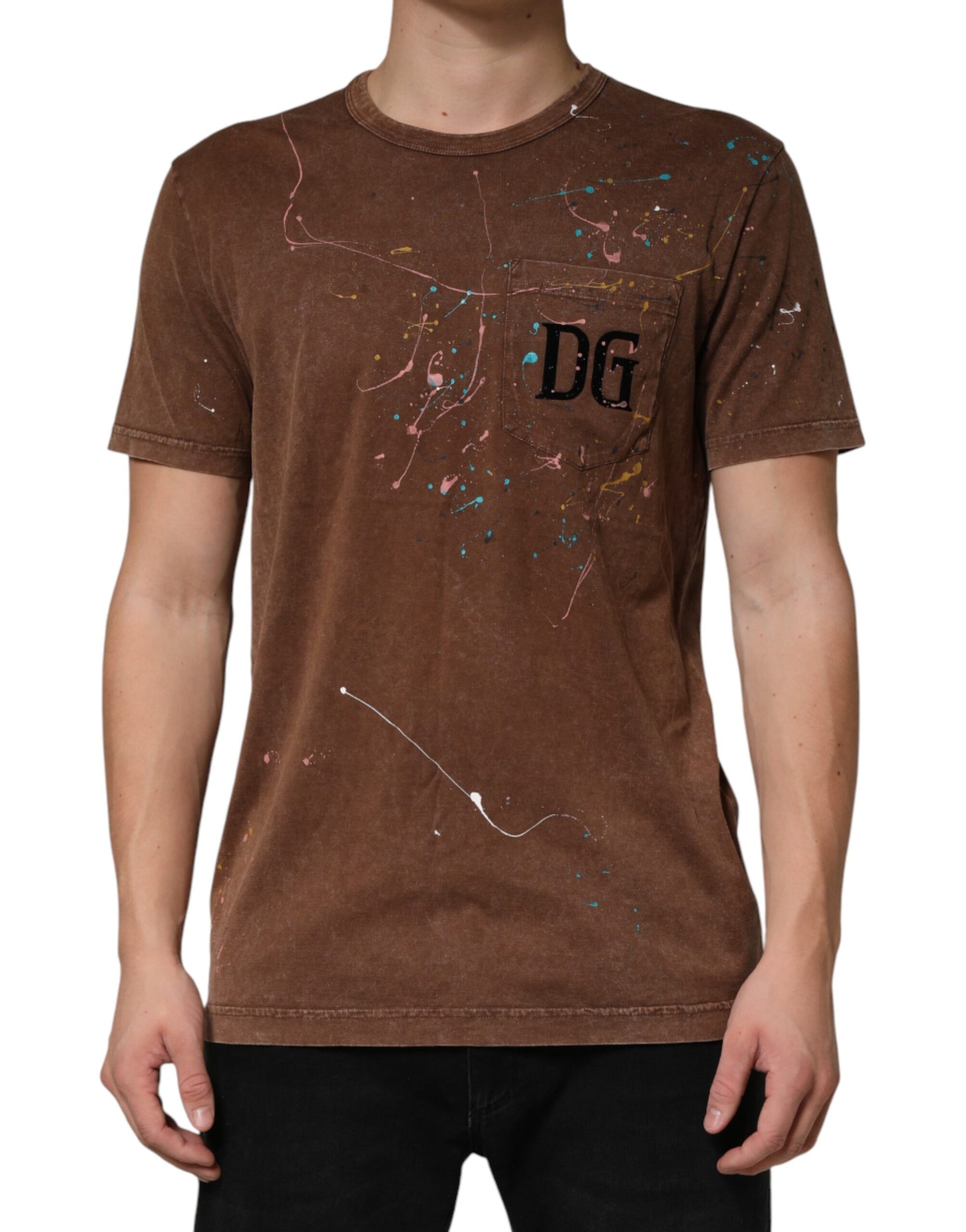 Brown Splash Color Cotton Crew Neck T-shirt