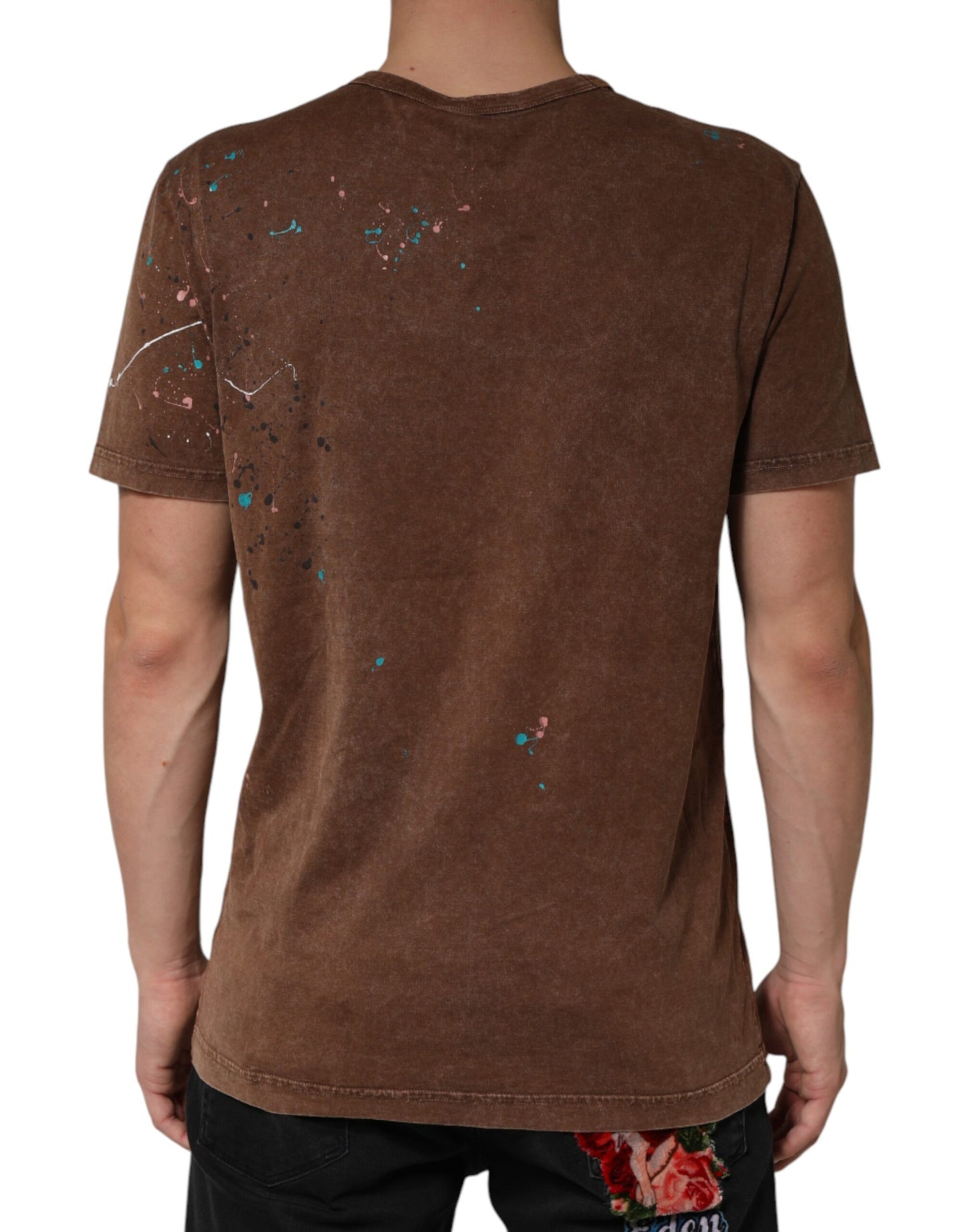 Brown Splash Color Cotton Crew Neck T-shirt