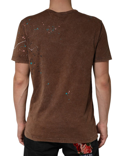 Brown Splash Color Cotton Crew Neck T-shirt