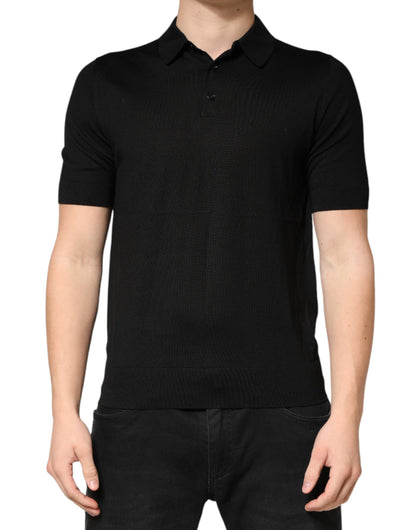 Black Silk Collared Short Sleeve Polo  T-shirt