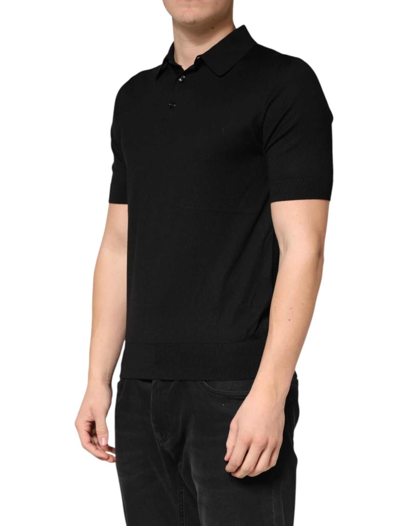Black Silk Collared Short Sleeve Polo  T-shirt