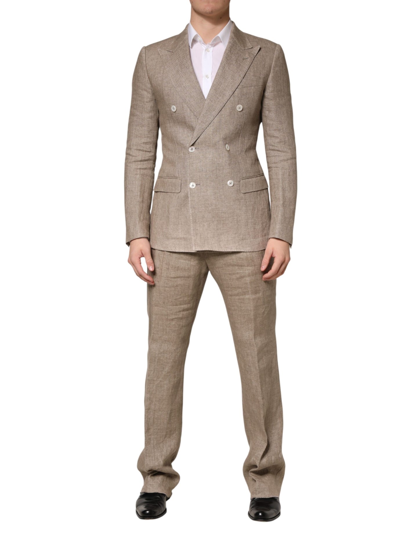 Beige Linen Double Breasted 2 Piece Men Suit
