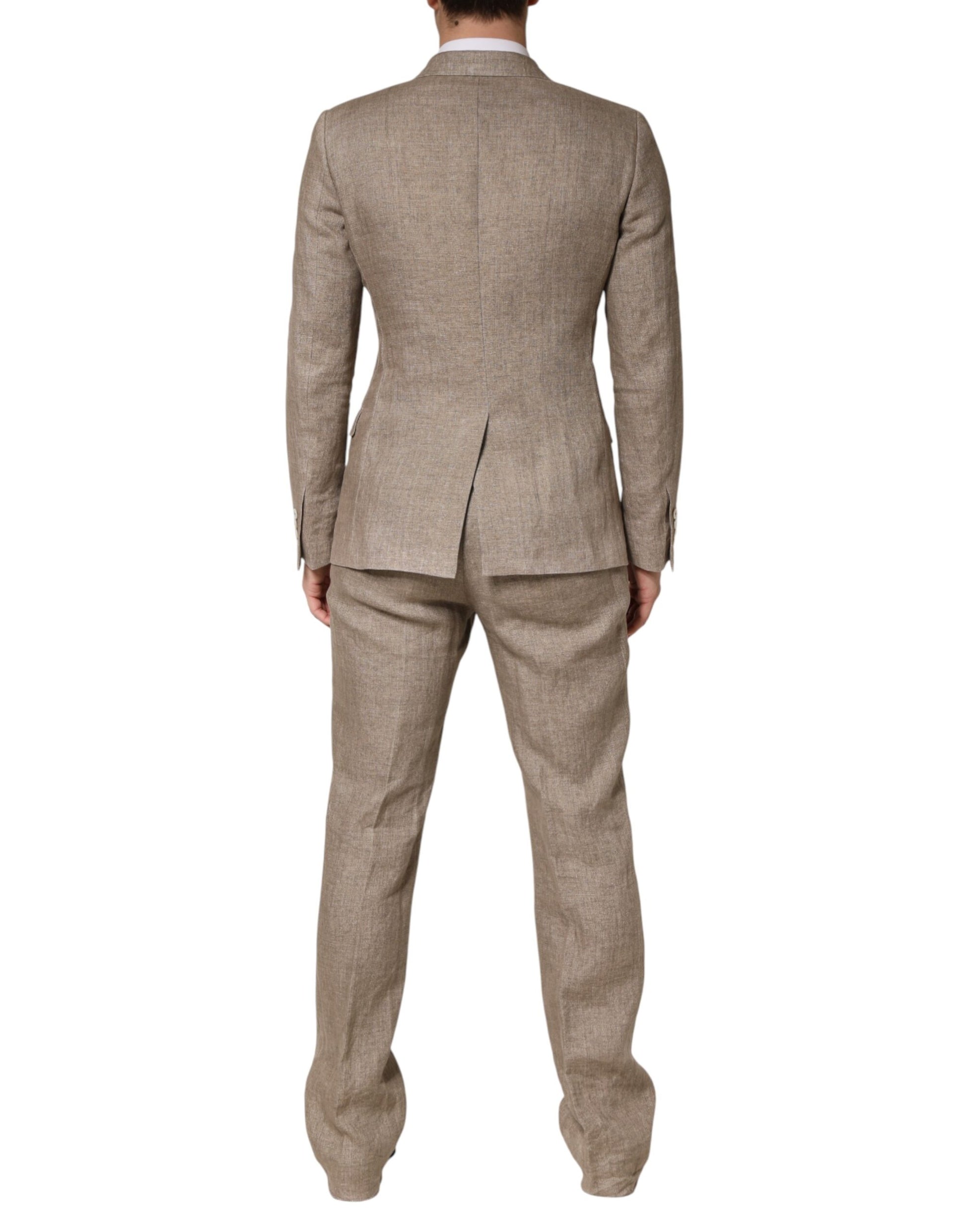 Beige Linen Double Breasted 2 Piece Men Suit