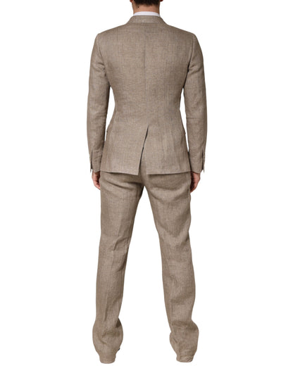 Beige Linen Double Breasted 2 Piece Men Suit