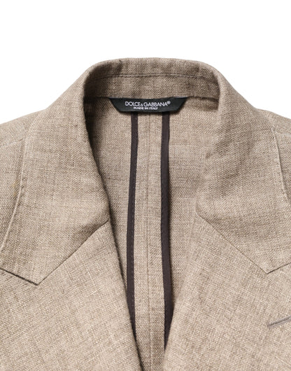 Beige Linen Double Breasted 2 Piece Men Suit
